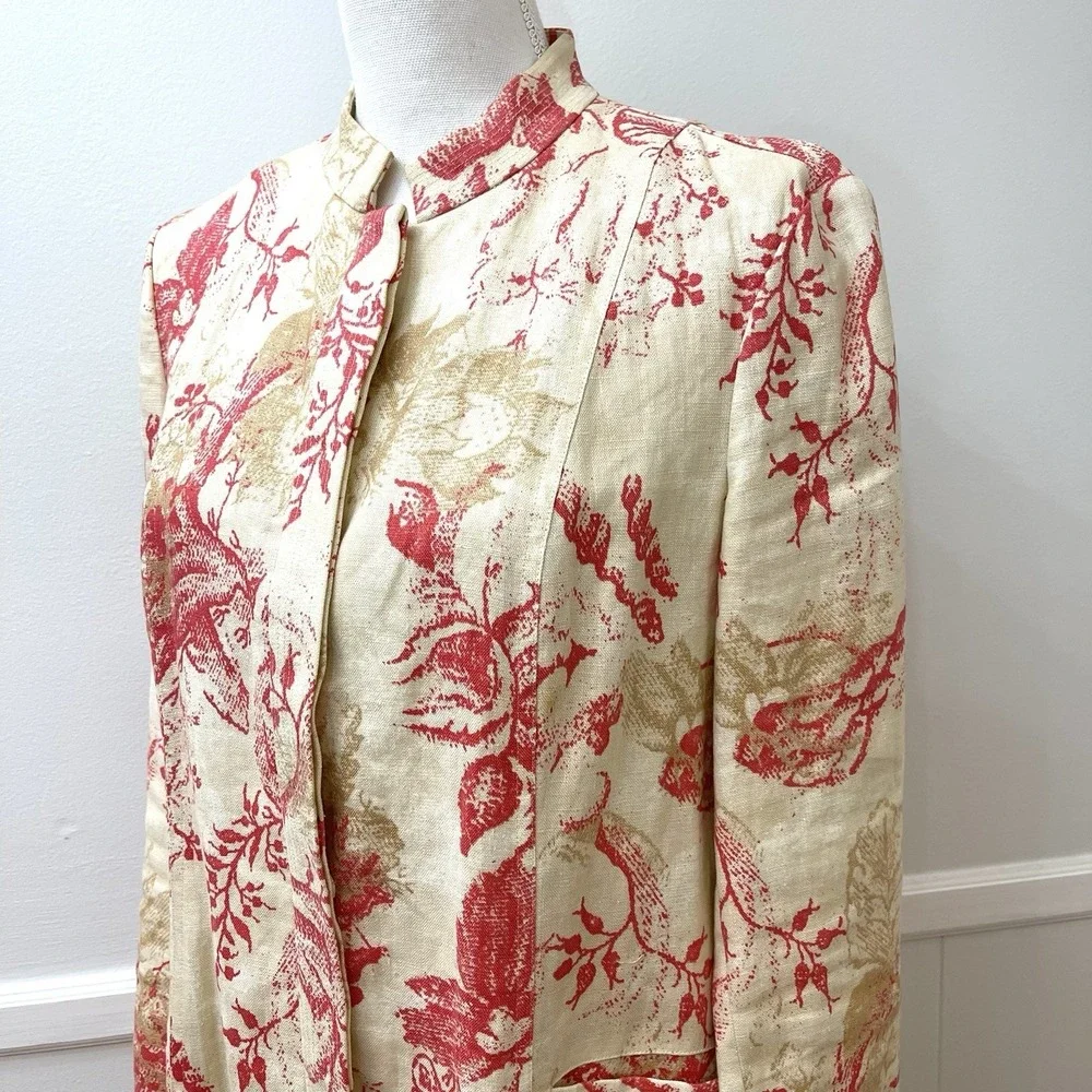 Sigrid Olsen Linen Coat Cream Coral Embroidery Mandarin Collar Medium